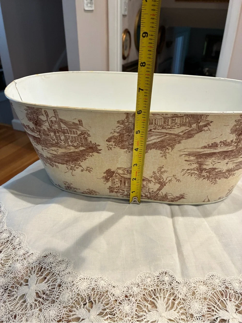 French country style toile metal tub, cachepot, planter, or ice bucket